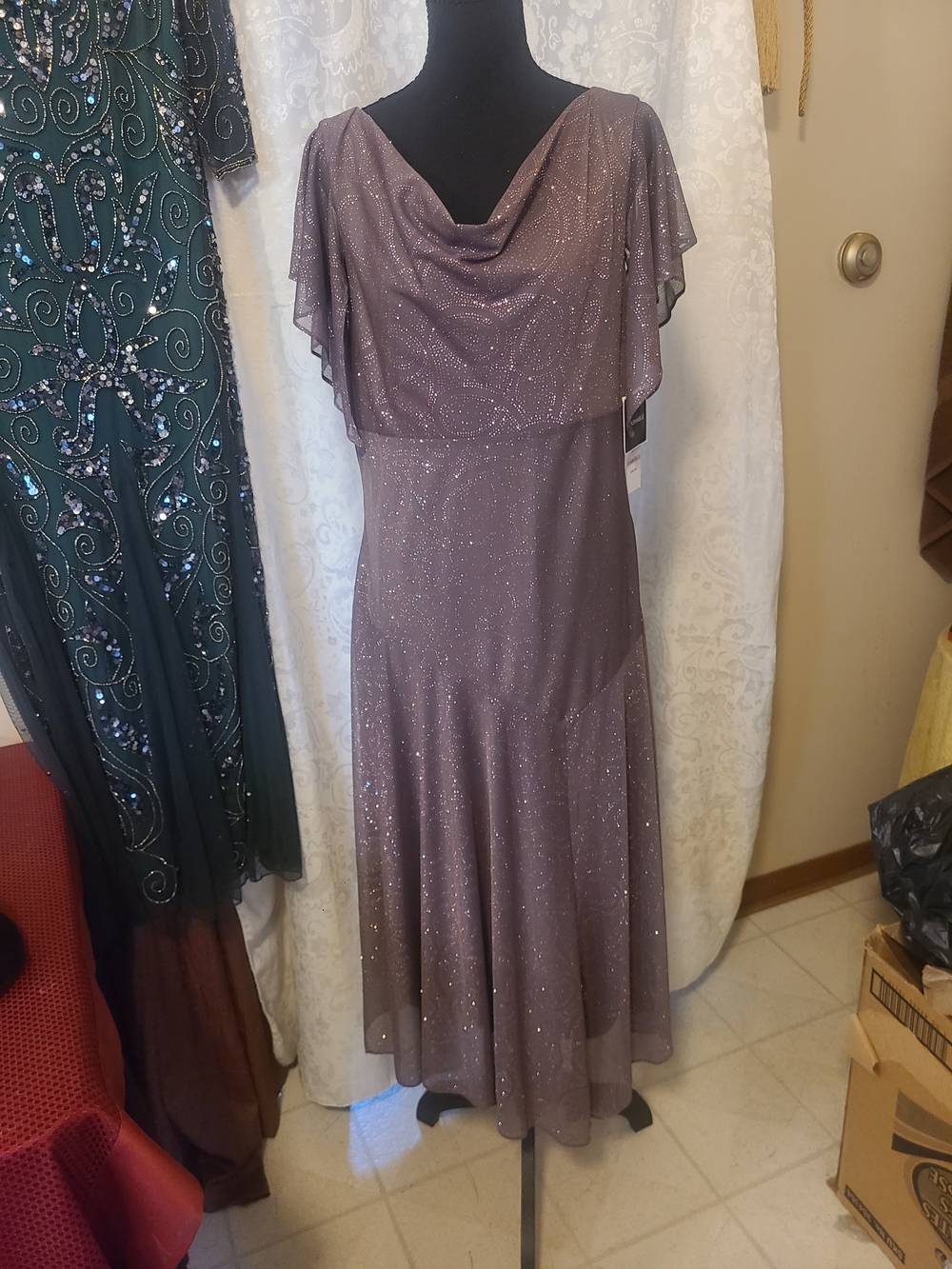 Elegant Sparkle Cowl Neck Evening Dress —tope (Taupe ) Color